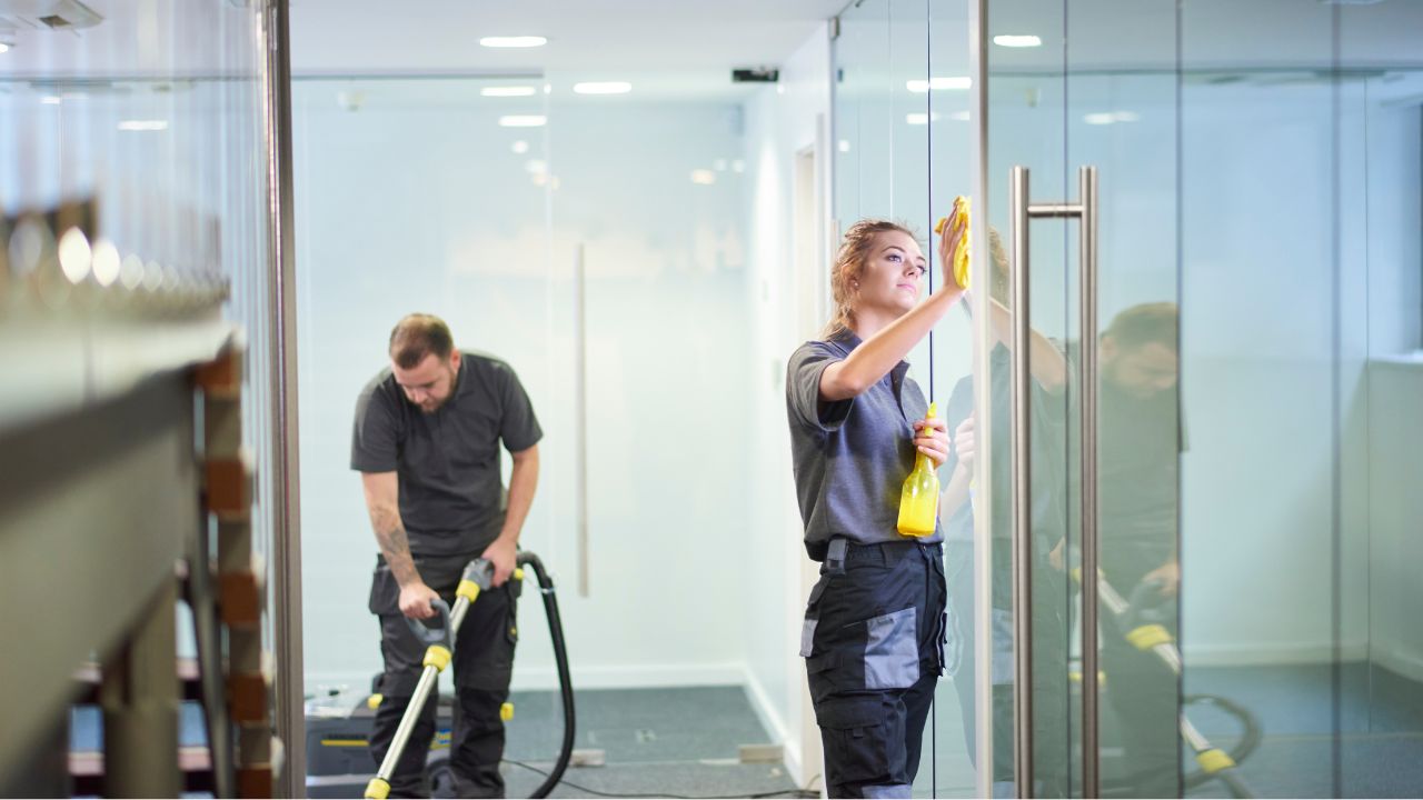 Employees of a nightly janitorial service clean and sanitize every surface for a hygienic workplace.