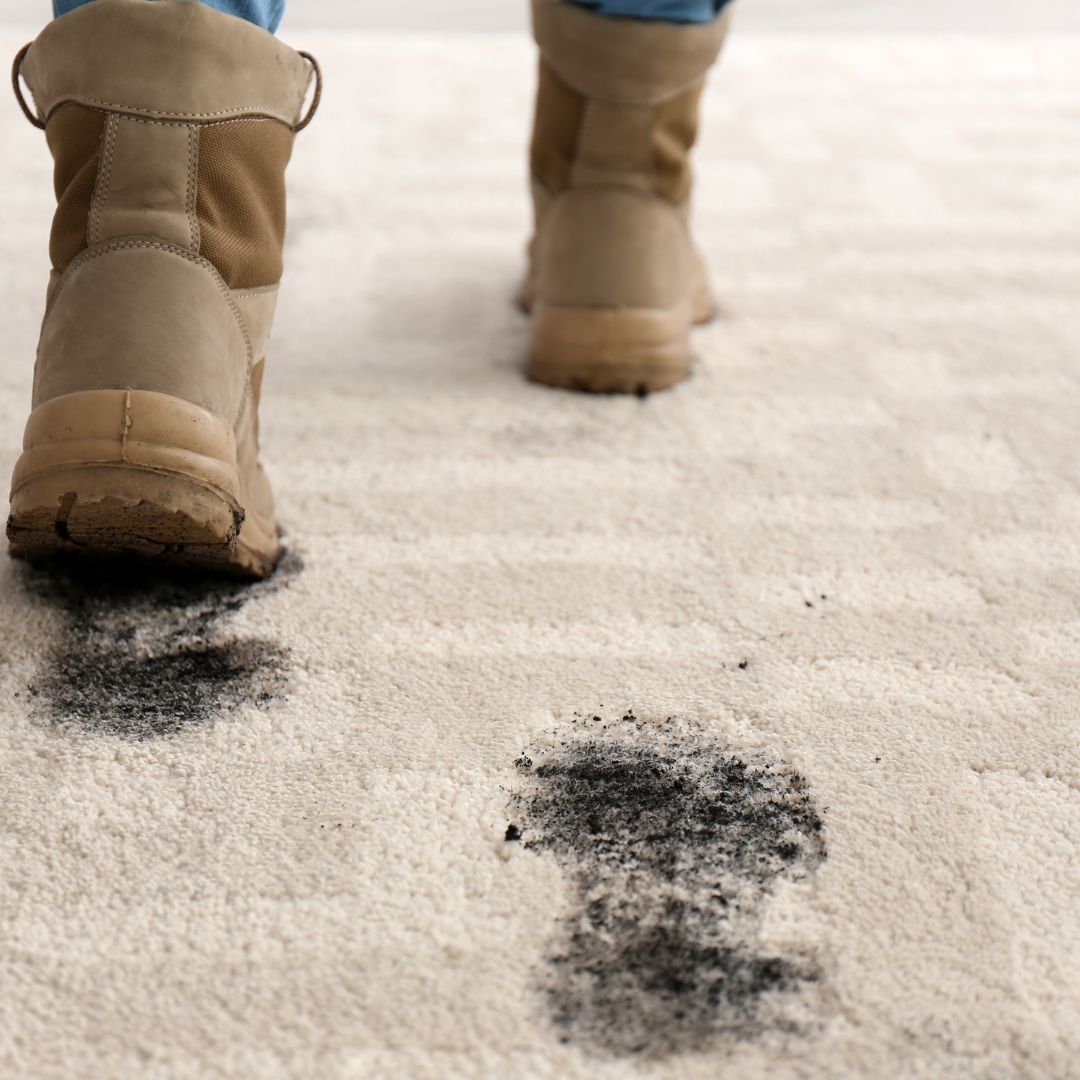 Commercial carpet cleaning will help this carpet soiled by muddy boots.